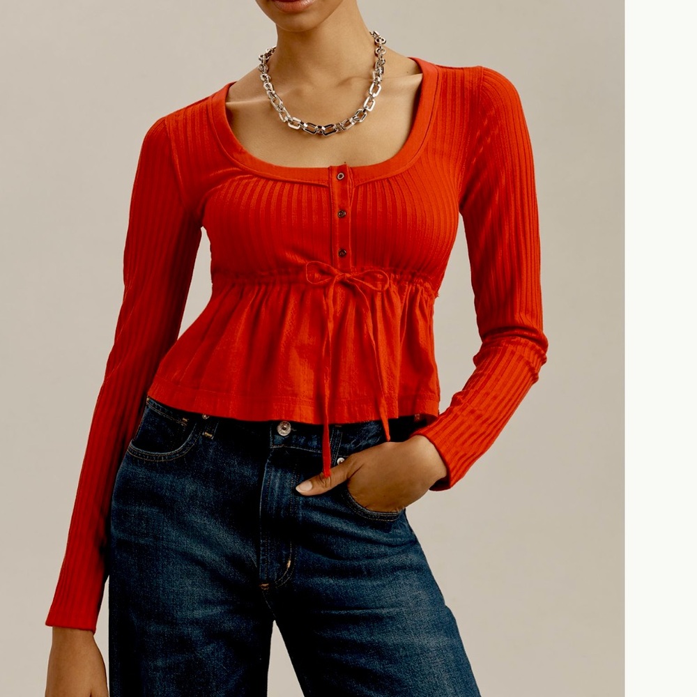 Anthropologie Ribbed Long Sleeve Shirt Pilcro Scoop Neck Cropped New XS Red - Picture 1 of 11